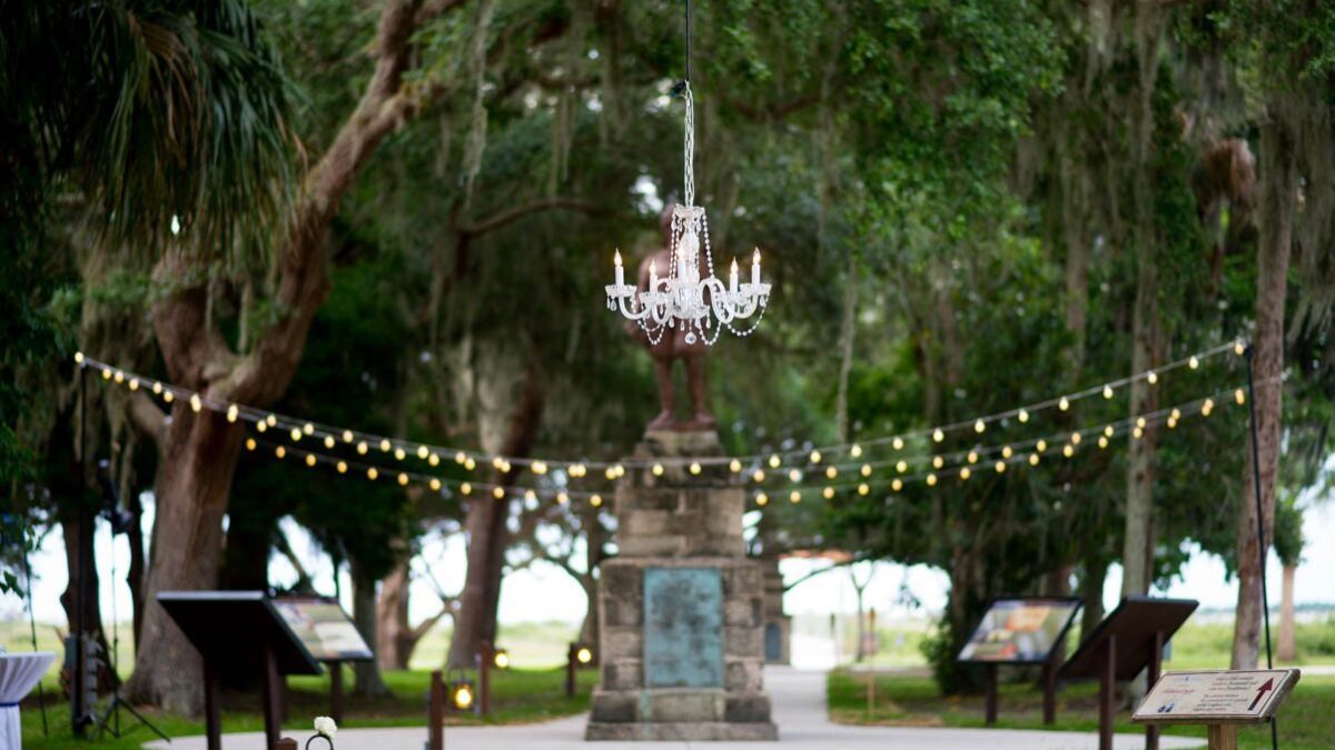 crystal chandelier in use at an outdoor wedding, rented from St Johns Illuminations