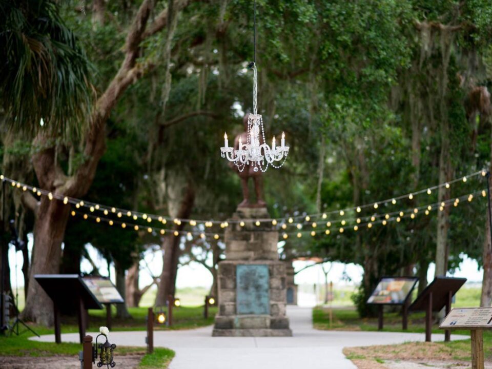 crystal chandelier in use at an outdoor wedding, rented from St Johns Illuminations