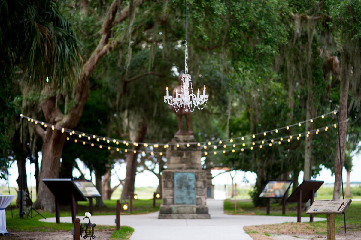 crystal chandelier in use at an outdoor wedding, rented from St Johns Illuminations